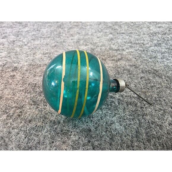 Vintage Glass Teal Ball Christmas Ornament with Metallic Stripes 2 in - Picture 1 of 4